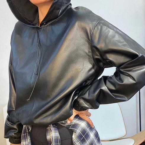 Women's Leather Versatile Round Neck Hoodie - ROUTINE FASHION